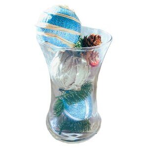 Decorative Vase Centerpiece Holiday Orbs Balls Greenery Pine Cones Ornaments